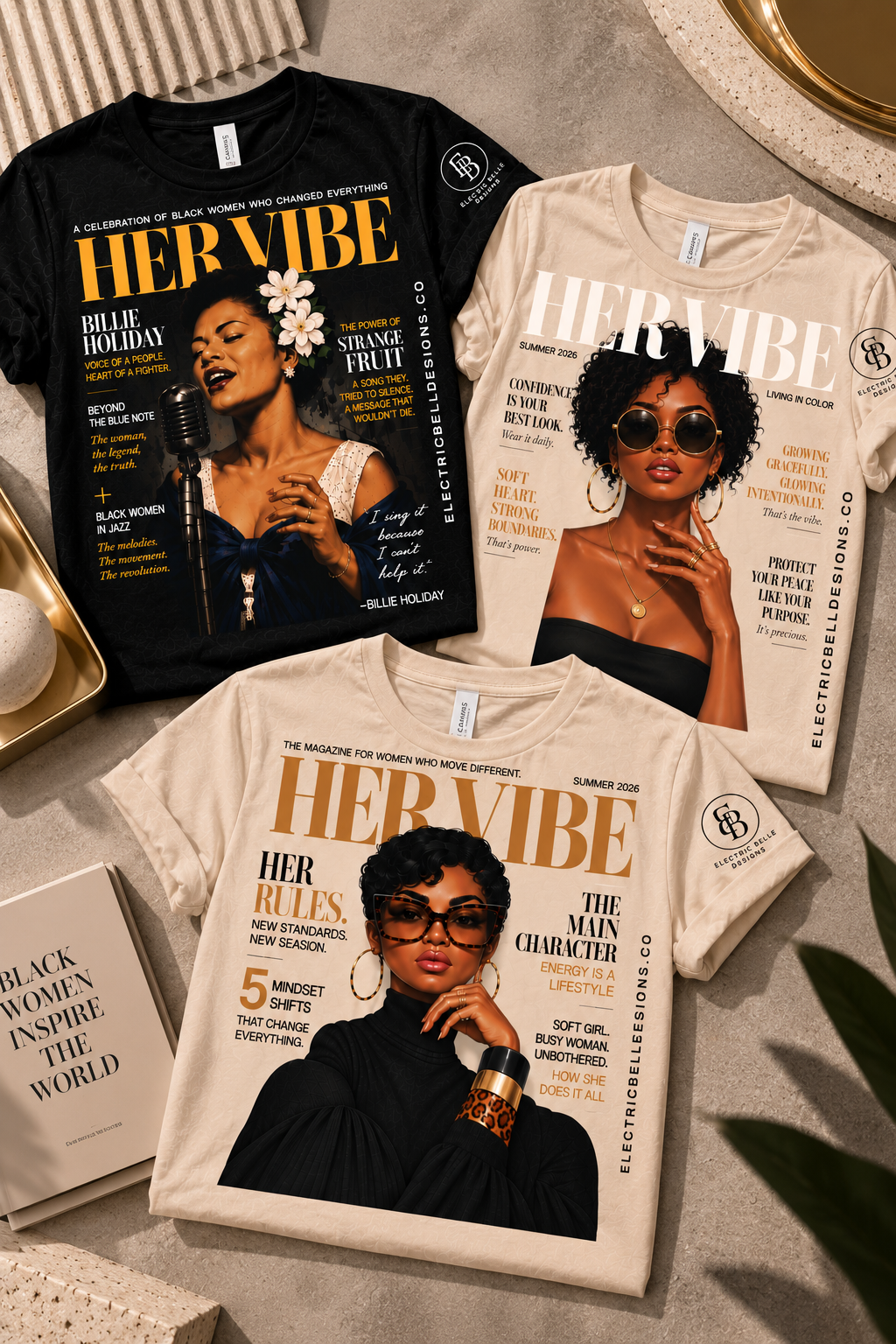 Her Vibe Black women graphic T-shirt collection featuring Billie Holiday and editorial magazine-style designs by Electric Belle Designs.