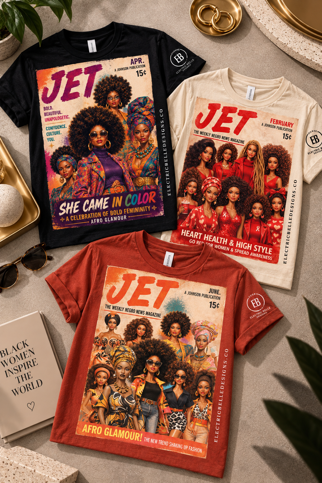 JET: The Archives collection featuring three vintage-inspired graphic tees celebrating Black culture, style, history, and Afro glamour.