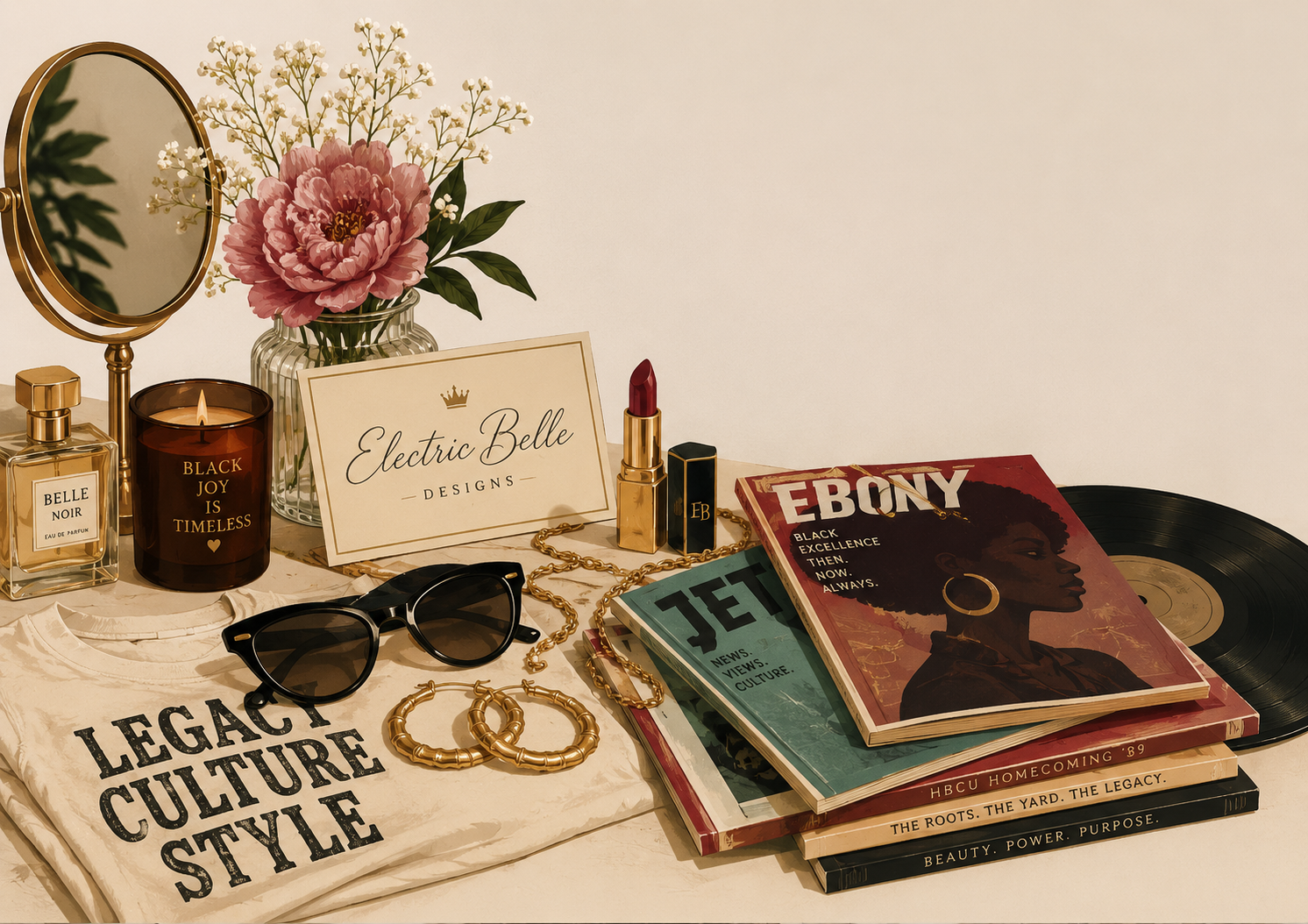 Editorial vanity still life featuring vintage Black culture magazines, a vinyl record, graphic tee, gold jewelry, perfume, flowers and beauty accessories for Electric Belle Designs.