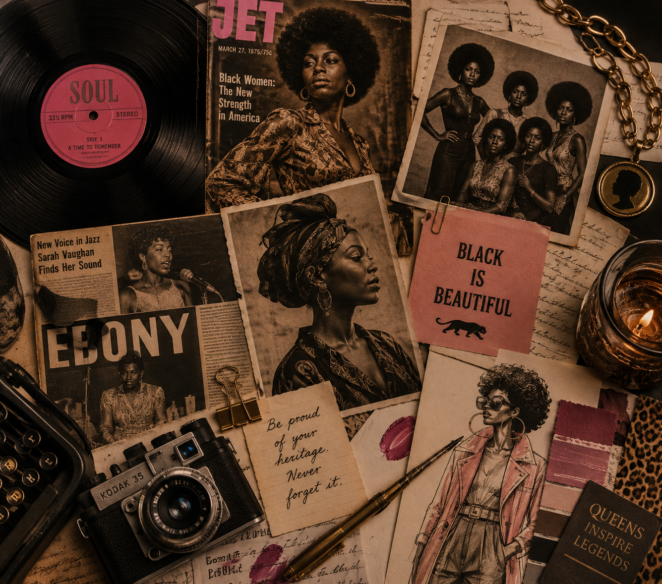 Vintage-inspired Black culture archive featuring Black women, vinyl records, fashion imagery, magazines and nostalgic keepsakes.