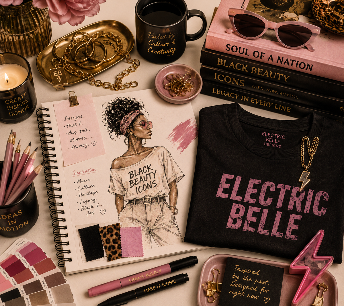 Creative design desk with Black fashion illustration, vinyl-inspired details, gold jewelry, pink accents, sketchbooks and Electric Belle apparel.