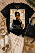 Black HER VIBE Confidence Issue graphic tee styled with cream drawstring linen pants, white and gold sneakers, black jelly bag, gold jewelry and tortoiseshell sunglasses.