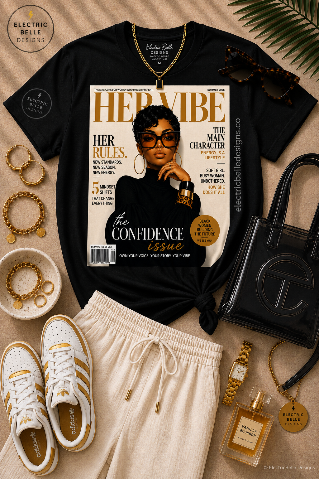 Black HER VIBE Confidence Issue graphic tee styled with cream drawstring linen pants, white and gold sneakers, black jelly bag, gold jewelry and tortoiseshell sunglasses.