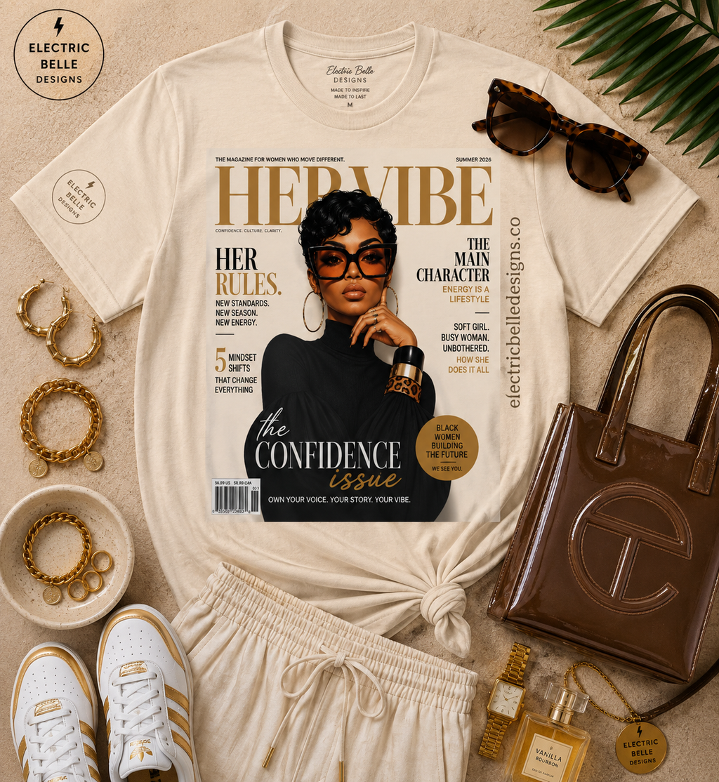 Soft cream HER VIBE Confidence Issue graphic tee styled with cream drawstring linen pants, white and gold sneakers, brown jelly bag, gold jewelry and tortoiseshell sunglasses.