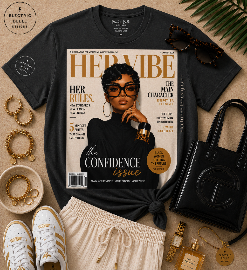 Vintage black HER VIBE Confidence Issue graphic tee styled with cream drawstring linen pants, white and gold sneakers, black jelly bag, gold jewelry and tortoiseshell sunglasses.