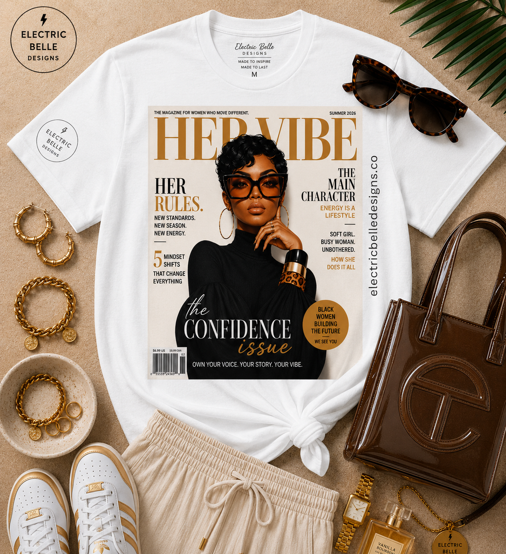 White HER VIBE Confidence Issue graphic tee styled with cream drawstring linen pants, white and gold sneakers, brown jelly bag, gold jewelry and tortoiseshell sunglasses.
