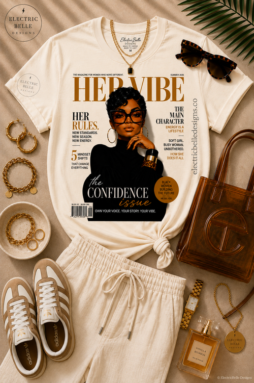 Cream Her Vibe Confidence Issue graphic tee styled with cream drawstring linen pants, neutral sneakers, a brown jelly bag, gold jewelry and tortoiseshell sunglasses.